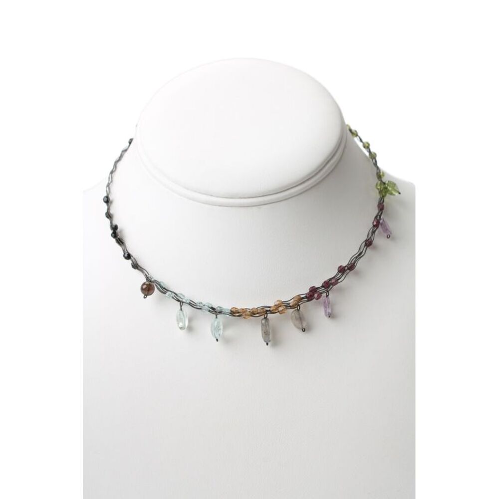 Designer Womens Silver Tone Multigemstone Wavy Choker Necklace 14"